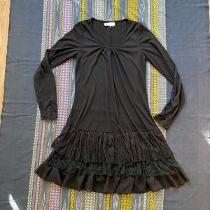Black Long Sleeve Lace Ruffle Tunic Mini Dress Sz Small